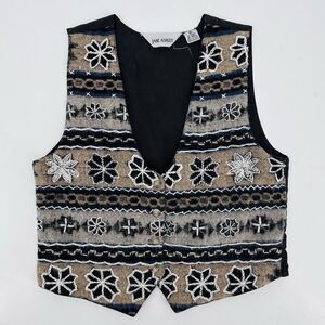 Vintage Jane Ashley Vest Wool Woven Knit Cotton Lined Floral‎ Embroidery Size M